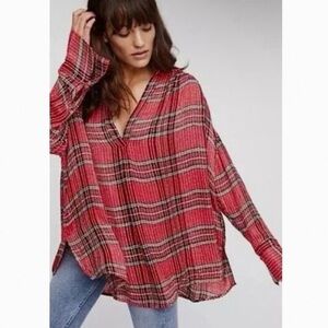 Free People Red Stewart Plaid Sparkly Long Sleeve Blouse